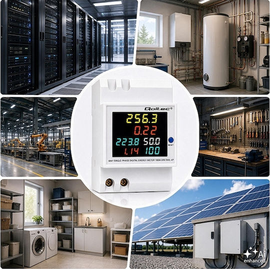 Qoltec 6-in-1 Einphasiges Digital Energieverbrauchs-Messgerät Din-Schiene Montage 230 V 100 A LCD Ct 3p