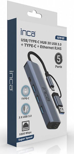 Inca Hub 5 Θυρών με σύνδεση USB-A / USB-C / Ethernet Γκρι