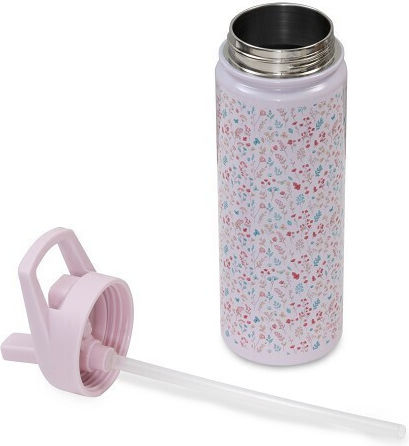 Interbaby Flowers Ανοξείδωτο Παιδικό Παγούρι Θερμός με Καλαμάκι Ροζ 500ml