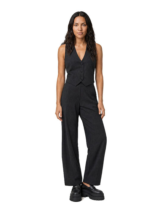 Women's High Rise Fabric Trousers with Rubber Band Striped Grey