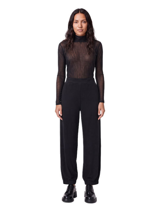 Damen Hochbund Stoffhose mit Gummiband Schwarz