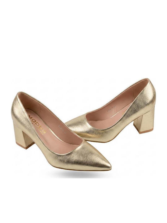 Spitze Pumps mit Chunky Mittlerem Absatz Goldene