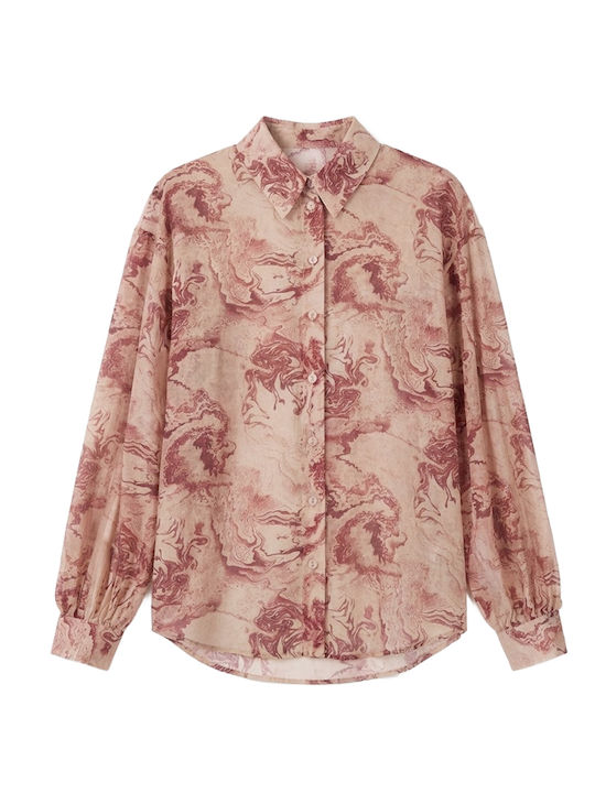 Long Sleeve Women's Shirt Beige-Burgundy