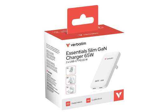 Verbatim Wireless GaN Charger with 2 USB-C Ports 65W Power Delivery White (Essentials Slim)