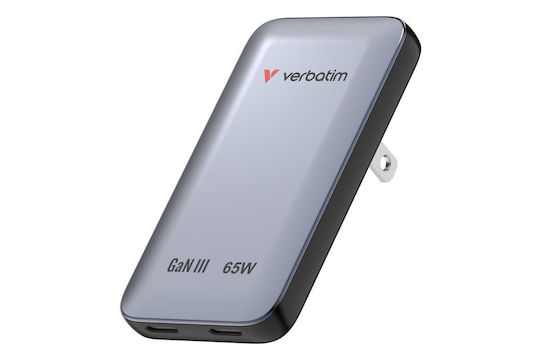 Verbatim Φορτιστής Χωρίς Καλώδιο GaN με 2 Θύρες USB-C 65W Power Delivery Γκρι (Essentials Slim)
