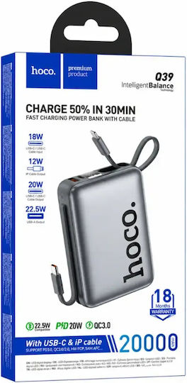 Hoco Q39 Power Bank 20000mAh 22.5W mit USB-A Ausgangsanschlüsse und USB-C Ausgangsanschlüsse Power Delivery / Schnellladung Grau