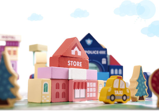 Cuburi de construit educative Wooden City Building Block din lemn 100 buc