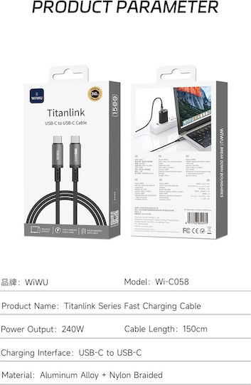 Wiwu Braided Cable USB-C Male - USB-C 240W PD Grey 1.5m Wi-C058