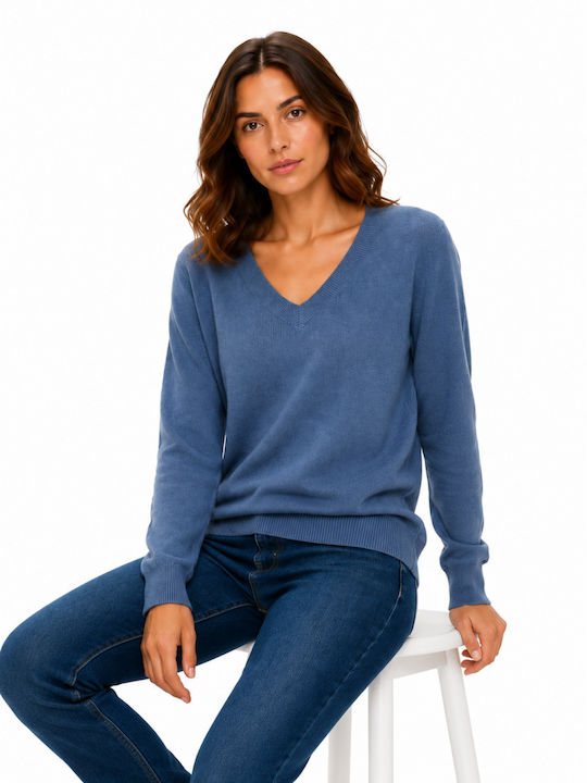 Women's Long Sleeve Blouse with V-Neckline Blue