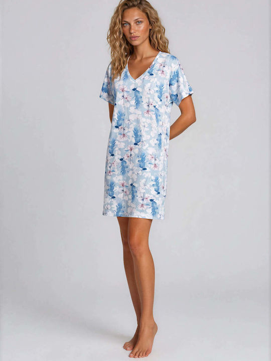 Pink Label Cămașă de noapte de vară din bumbac pentru femei Blue Flowers Pink Label Cămașă de noapte de vară din bumbac pentru femei Blue Flowers