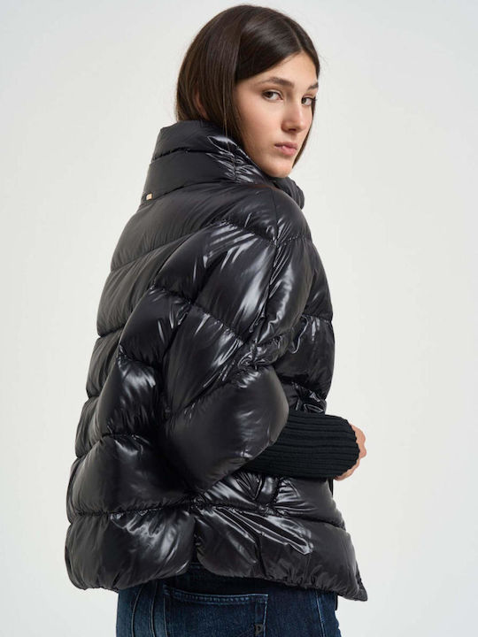 Woven Γυναικείο Puffer Μπουφάν για Χειμώνα Μαύρο
