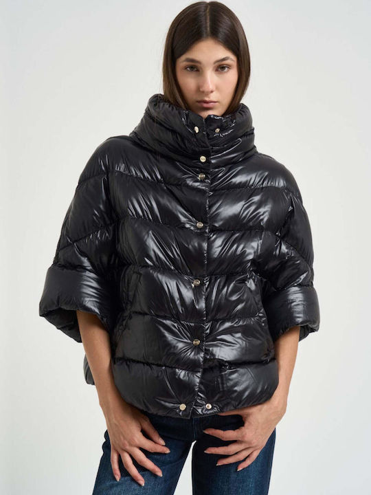 Woven Γυναικείο Puffer Μπουφάν για Χειμώνα Μαύρο