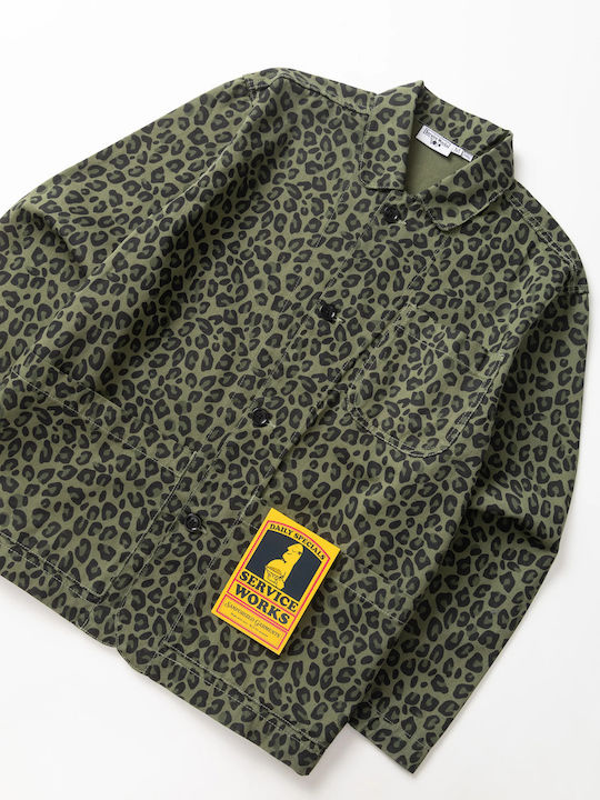 Short Sleeve Cotton Shirt in Wide Line Green Leopard