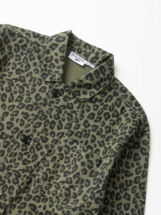Short Sleeve Cotton Shirt in Wide Line Green Leopard