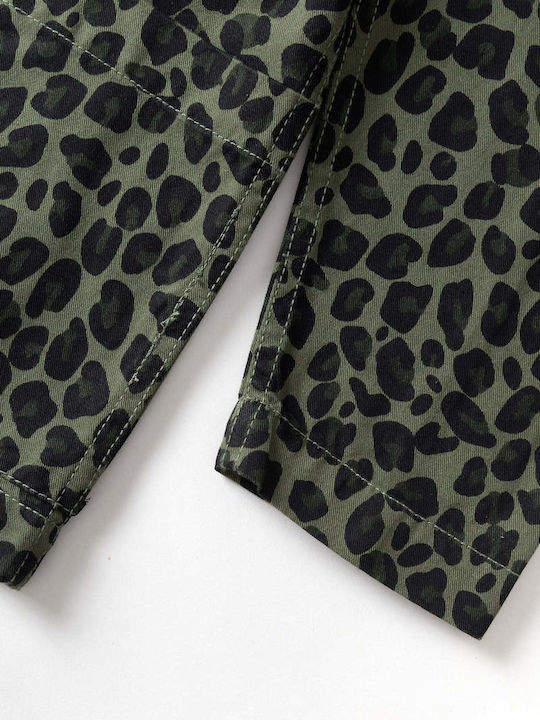 Short Sleeve Cotton Shirt in Wide Line Green Leopard
