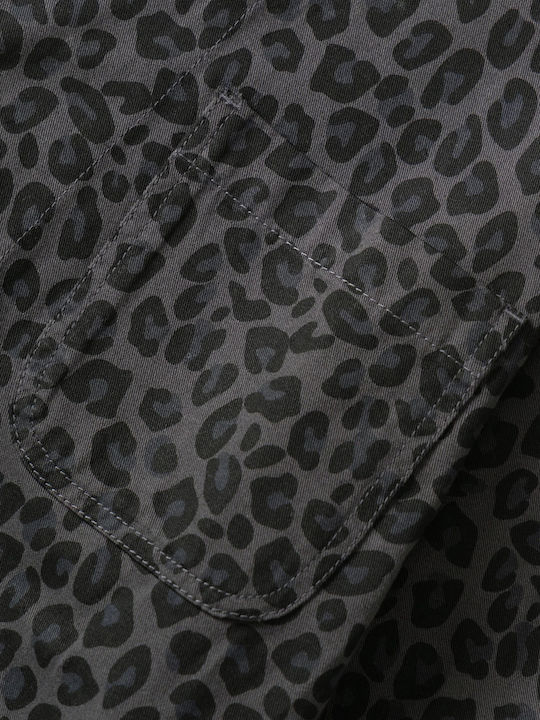Short Sleeve Cotton Shirt in Wide Line Black Leopard