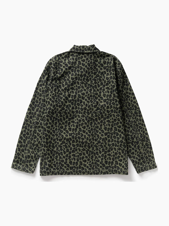 Short Sleeve Cotton Shirt in Wide Line Green Leopard