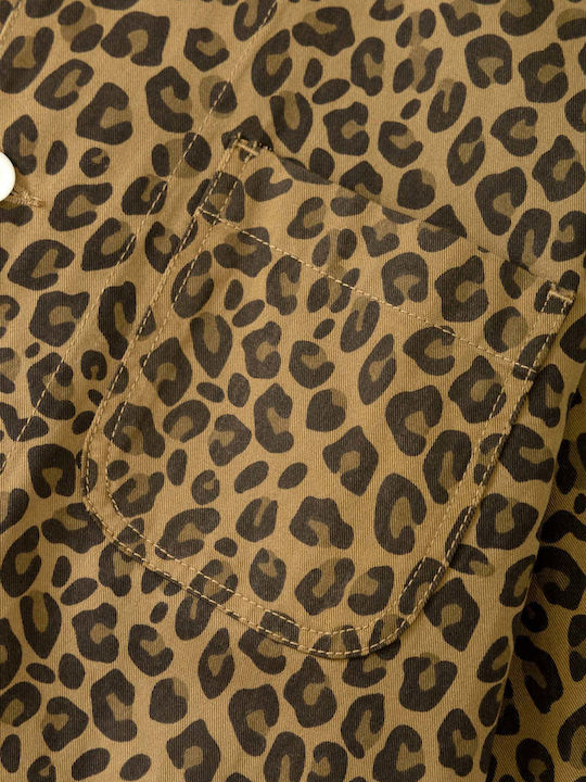Short Sleeve Cotton Shirt In Wide Line Brown Leopard