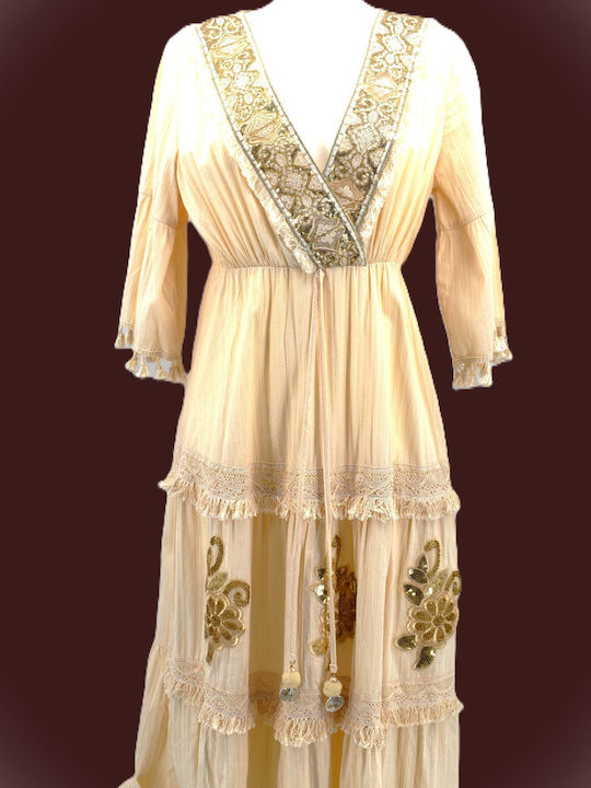 Kaftan Damenbademode Boho Besticktes Creme Kleid Maxilänge Goldene Details B638