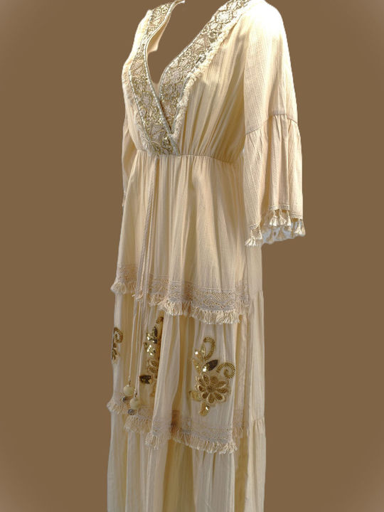 Kaftan Damenbademode Boho Besticktes Creme Kleid Maxilänge Goldene Details B638