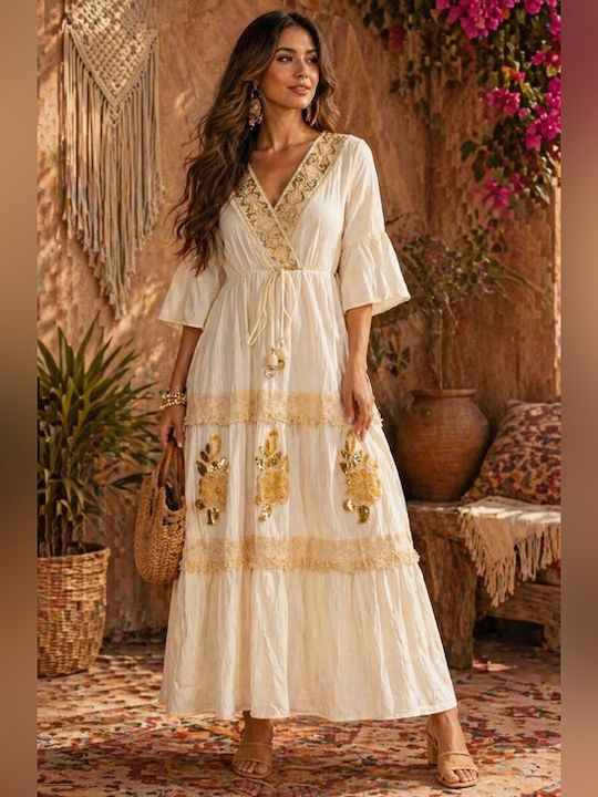 Kaftan Damenbademode Boho Besticktes Creme Kleid Maxilänge Goldene Details B638