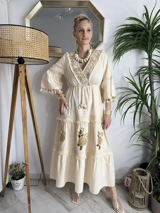 Kaftan Damenbademode Boho Besticktes Creme Kleid Maxilänge Goldene Details B638