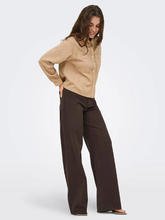 Long Sleeve Women's Denim Shirt Beige