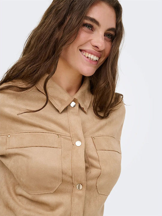 Long Sleeve Women's Denim Shirt Beige