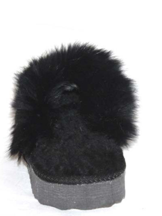 Leather Winter Women's Black Slippers