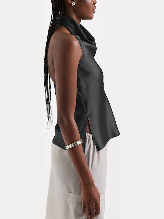 Women's Satin Sleeveless Blouse with Neck Tie Black