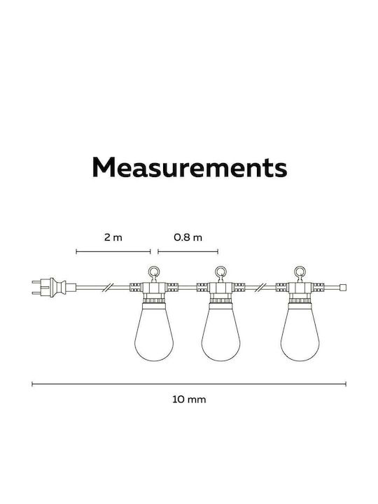Calex Girlandă Luminoasă Etanșă IP44 10m cu 10 Becuri Alb Cald
