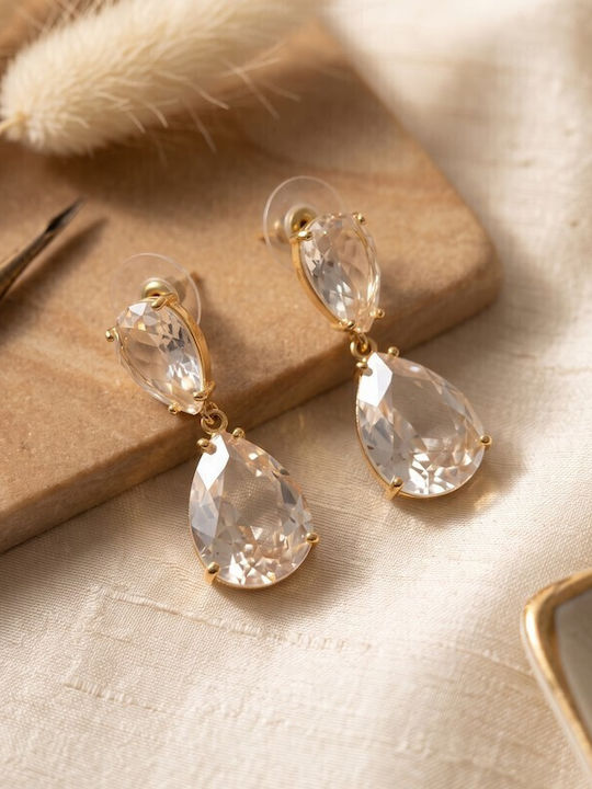 Sk3599 Висящи Обици Двойна Капка Прозрачни Кристали – Grekas Jewelry