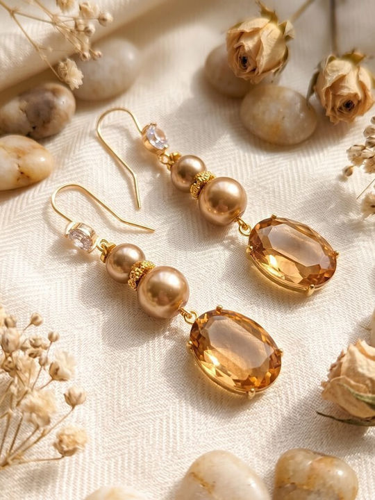 Sk3584 Дълги Висящи Обици Бронзови Перли и Кехлибарен Кристал – Grekas Jewelry