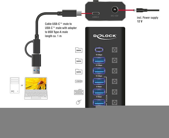DeLock USB Хъб 7 Порта USB 2.0 с Връзка USB-A