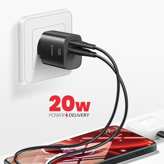 Swissten Зарядно Устройство Без Кабел GaN с USB-A Изходен Порт и USB-C Изходен Порт 20W Power Delivery / Quick Charge 3.0 Черно (Edge)