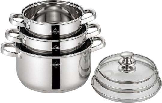 Swiss Haus Set 3 Stainless Steel Saucepans 20 24 28cm Lids Silver Swiss Haus Set 3 Stainless Steel Saucepans 20 24 28cm Lids Silver