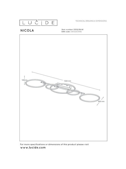 Lucide Lightning Nicola Πλαφονιέρα Οροφής 132εκ. Λευκή με Ενσωματωμένο LED