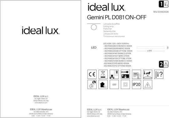 Ideal Lux Gemini Deckenleuchte 81cm Schwarz mit Integrierter LED