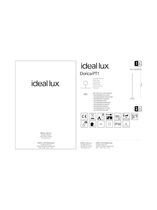 Ideal Lux Dorica LED Floor Lamp H190xW25cm. with Warm White Light 7100lm Orange