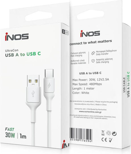 iNOS USB 2.0 USB-C Male To USB-A Cable 30W White 1m