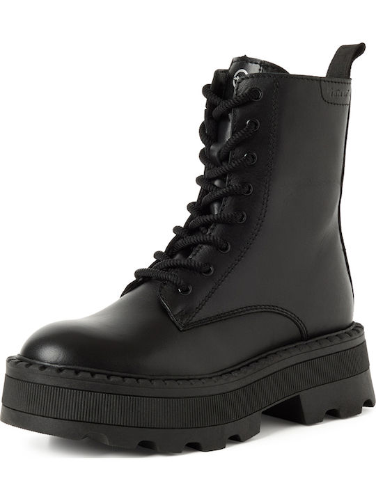 Leder Damen Stiefeletten mit Mittelhohem Absatz Schwarz