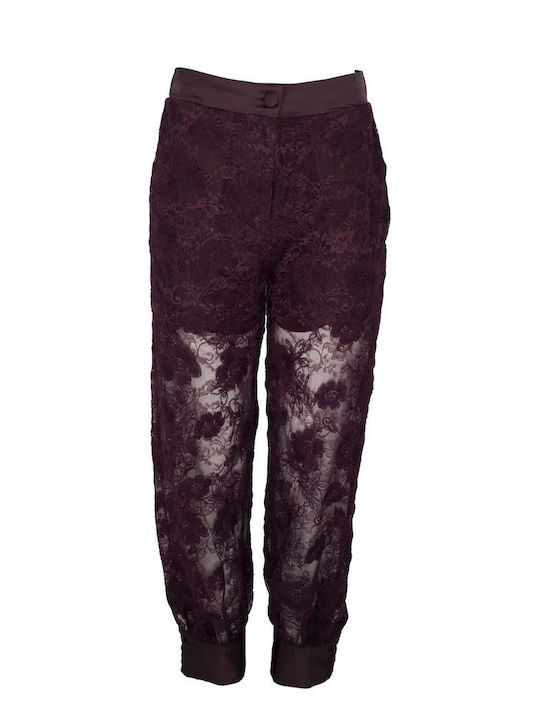 Damen Satin Hose Blumen Burgundisch