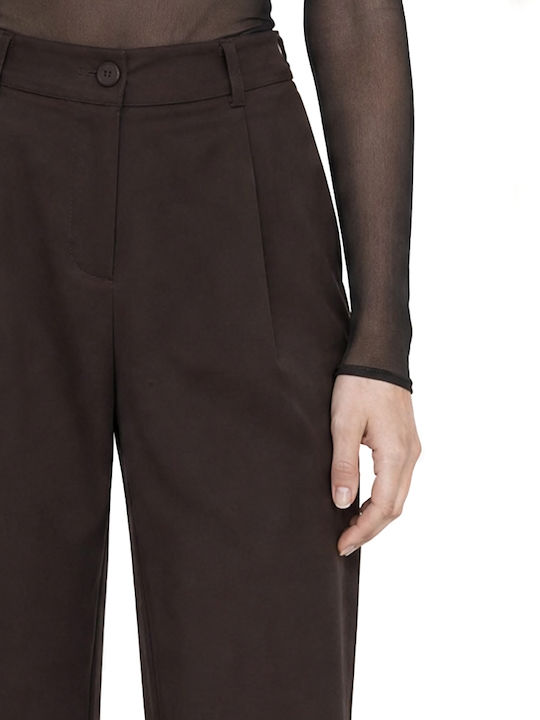 Pantaloni Dama Cu Talie Înaltă Din Țesătură Cu Elastic Maro