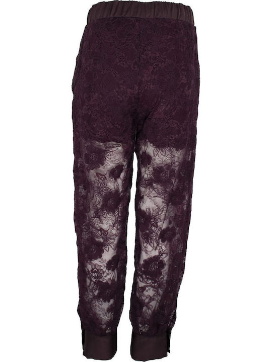 Damen Satin Hose Blumen Burgundisch
