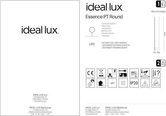 Ideal Lux Essence LED Floor Lamp H160.5xW10cm. with Warm White Light 2400lm Black