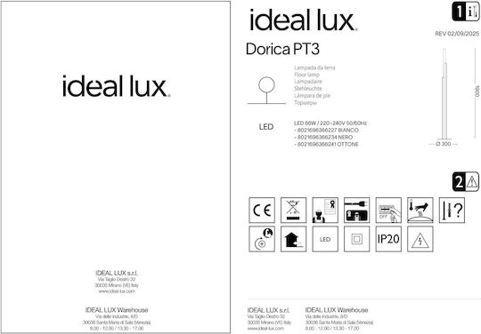 Ideal Lux Dorica LED Stehleuchte H190xB30cm. mit Warmweißem Licht 7950lm Weiß