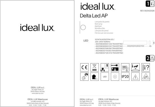 Ideal Lux Delta Lamp Wall with Integrated LED and Warm White Light 61x3.5x9cm