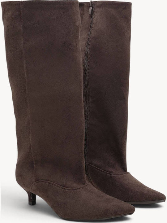 Braune Wildleder Damenstiefel Mit Dünner Optik Niedriger Absatz