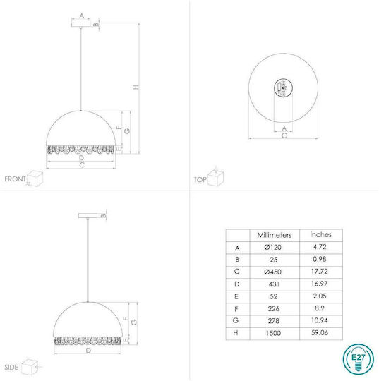 Eglo Gaetano 2 Lumini Suspendate Maro Cu Cristale Pentru Bază De Bec E27 45x150x150cm