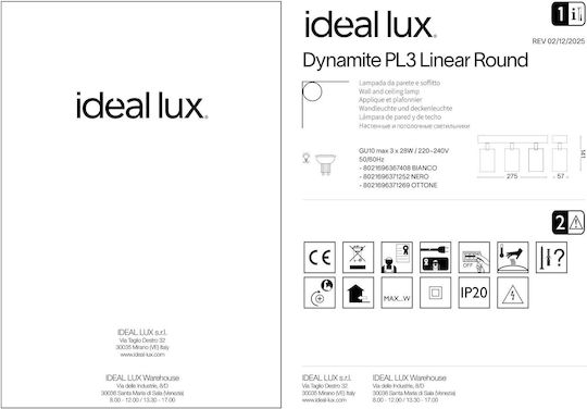 Ideal Lux Τριπλό Σποτ σε Μαύρο Χρώμα